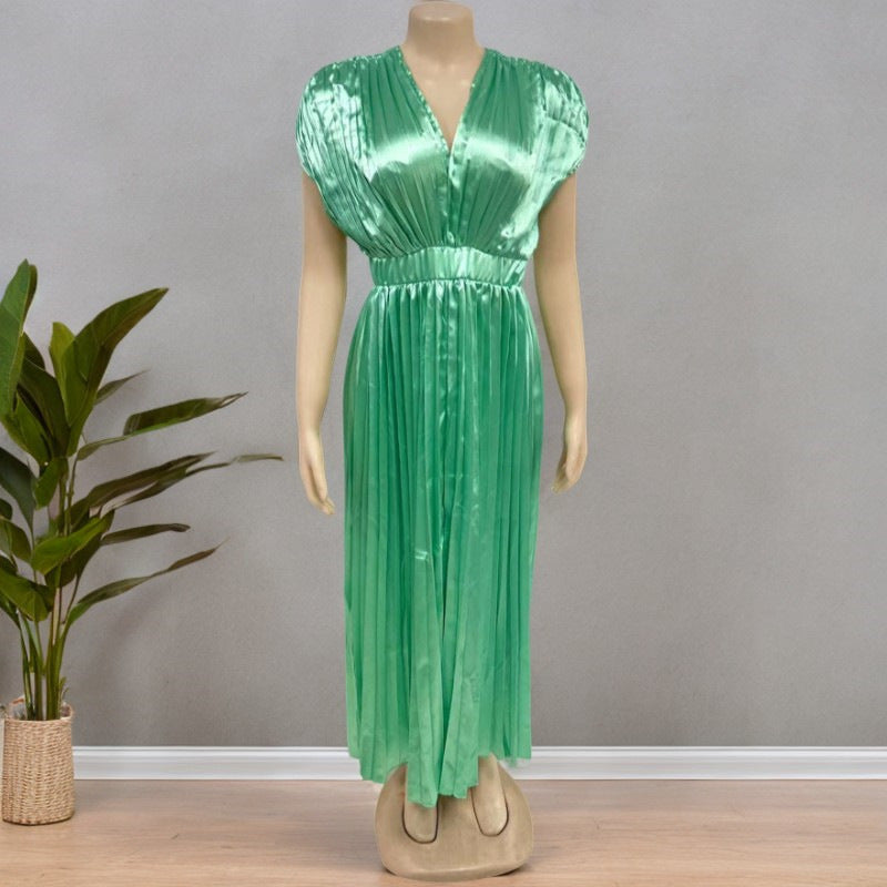 V-neck Pleated Midi Dress