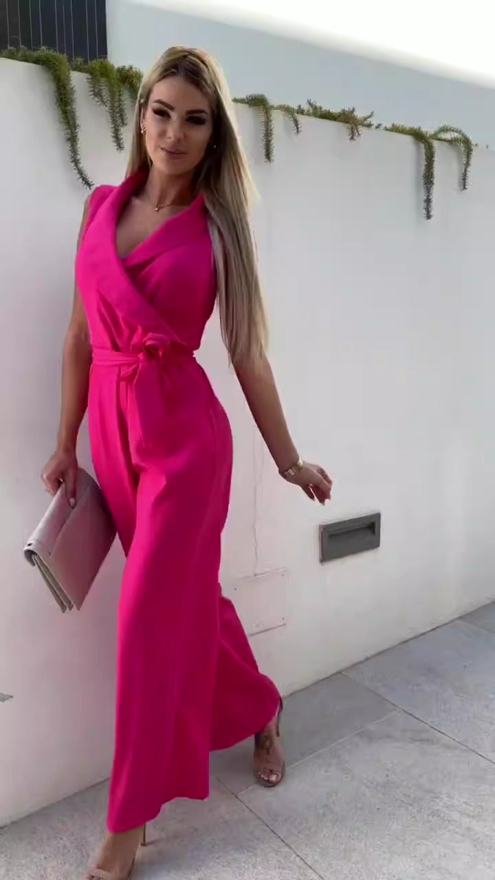 Sleeveless high waisted tie up straight leg Jumpsuit - runwayfashionista.com