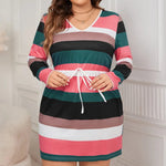 Plus Size Striped V-Neck Long Sleeve Mini Dress - runwayfashionista.com