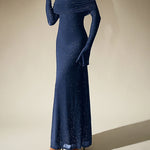 Off-Shoulder Maxi Dress With Glitter Detail And Mesh Sleeves -Navy blue