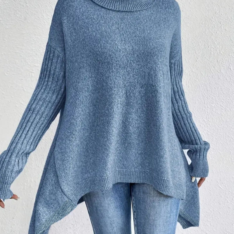 Irregular Turtleneck Sweater: Modern Intellectual Style - blue