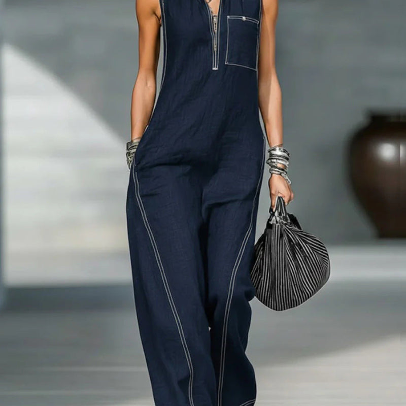 Stand-up Collar Jumpsuit With Pockets - navy blue
