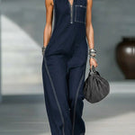 Stand-up Collar Jumpsuit With Pockets - navy blue