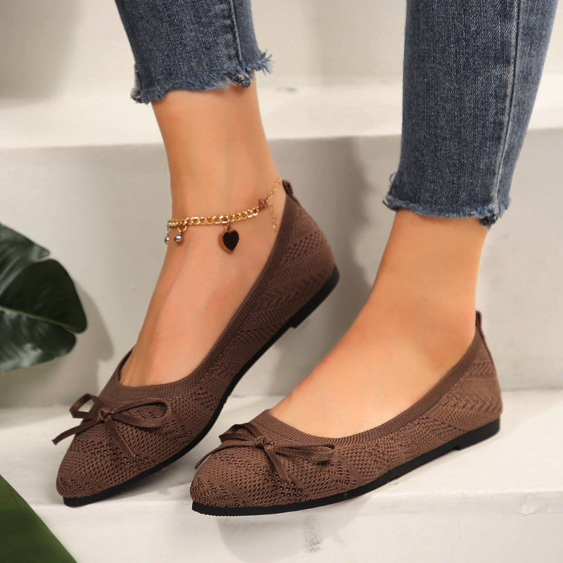Bow Knitted Pointed-toed Flats Shoes - brown