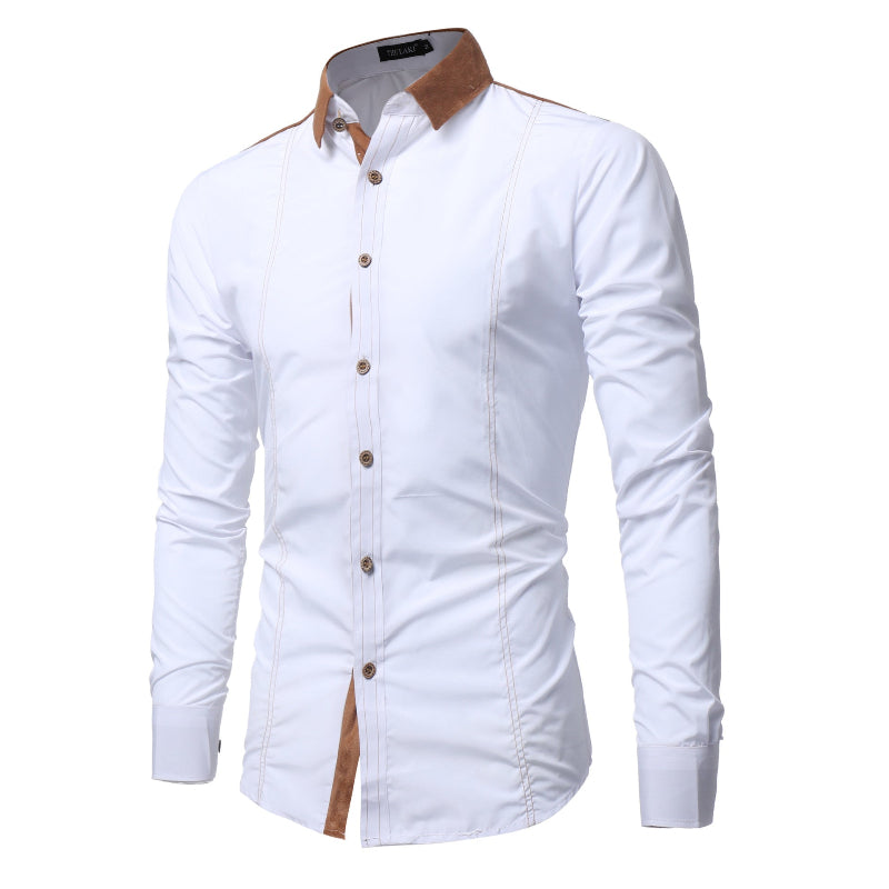 White, Black & Navy Slim-Fit Faux-Suede Contrast-Collar Button-Front Long-Sleeve Dress Shirt