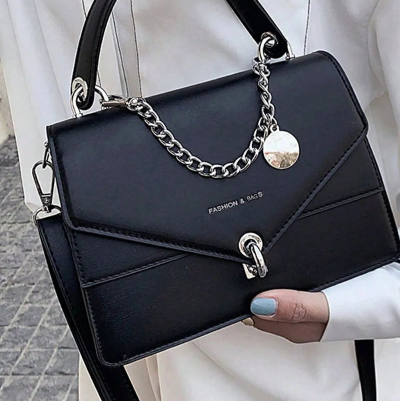 Chain PU Leather Handbag with Detachable Shoulder Strap - Black & Ivory