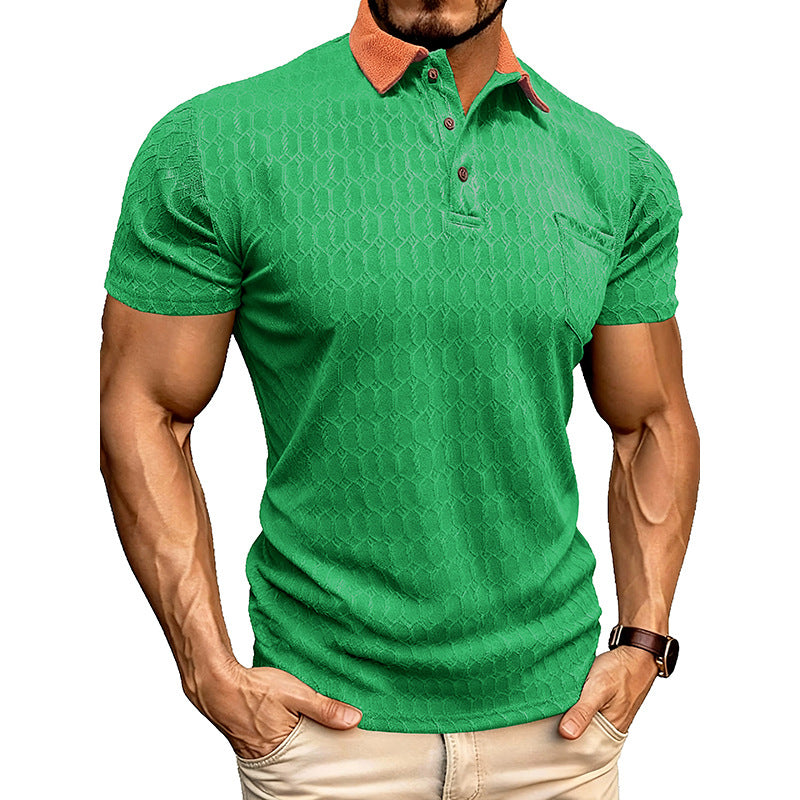 Honeycomb-Texture Contrast Collar Loose-Fit Moisture-Wicking Short-Sleeve Polo Shirt - green