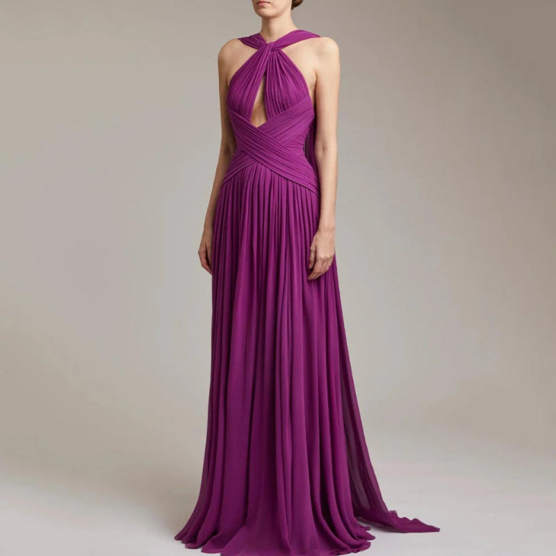 Twist Halter Keyhole Cross Ruched Chiffon Floor Length Evening Maxi Dress