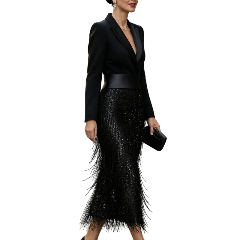 Black Blazer Sequin Fringe Midi Dress