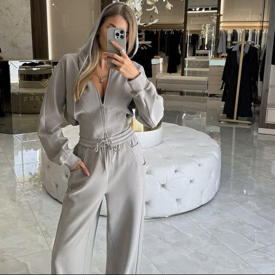 Zip-Up Cropped Hoodie & Wide-Leg Drawstring Jogger Pants Loungewear Two-Piece Co-ord Set