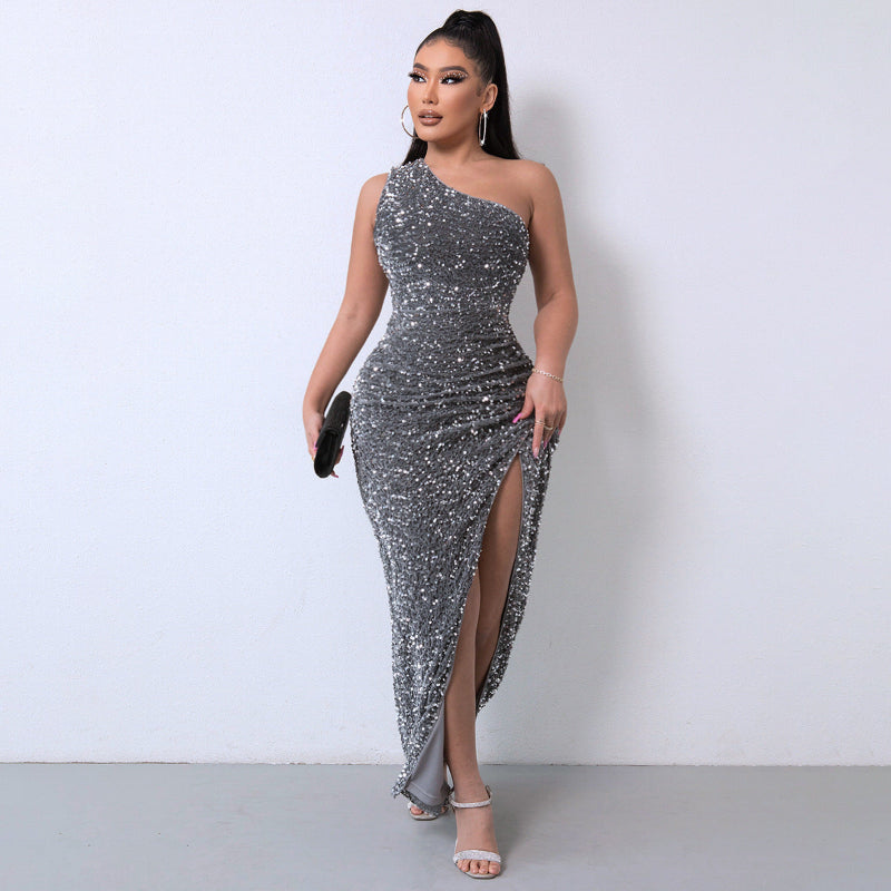 Velvet One-Shoulder Split Gown