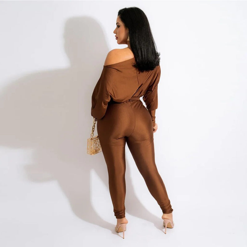 One Shoulder Lace Up Long Sleeved Jumpsuit - runwayfashionista.com