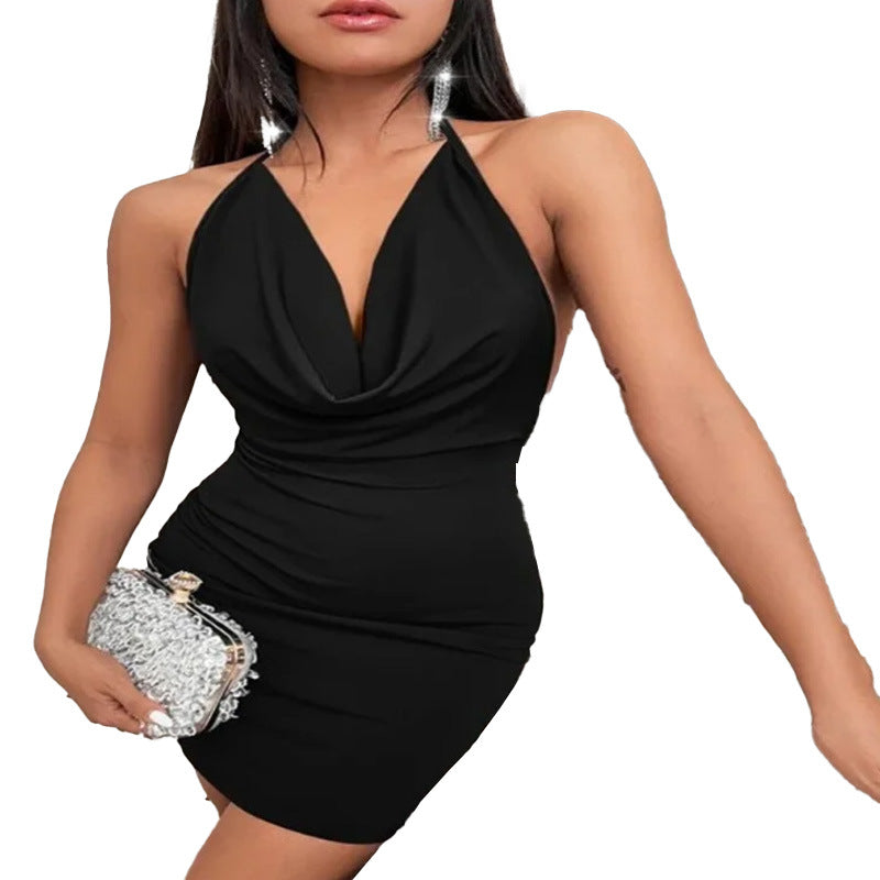 Crossover V-Neck Halter Tie-Back Body-Con Mini Dress - black