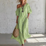 Striped Print Short-Sleeved Maxi Dress - green