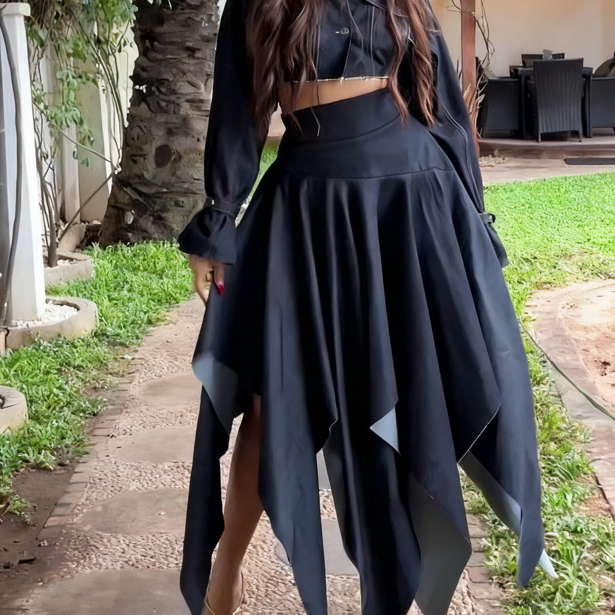 Chic Long-sleeved Cropped Jacket & Irregular Hem Denim Skirt Set