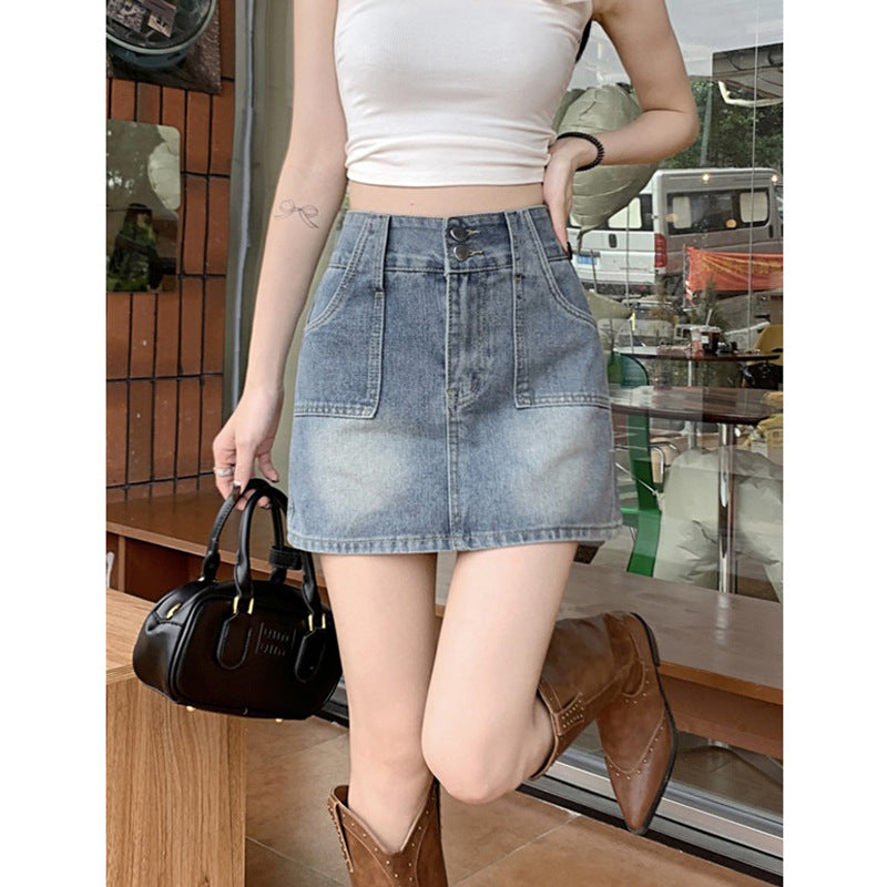 Trendy Double Button High Waist Denim Skirt