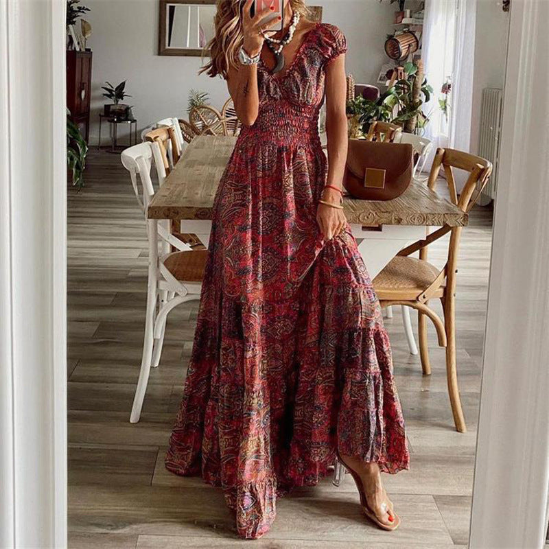 Floral Print A-Line Maxi Dresses - red