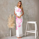 Model wearing white one shoulder slim fit printed tulle midi dress with high waist and gentle elegance