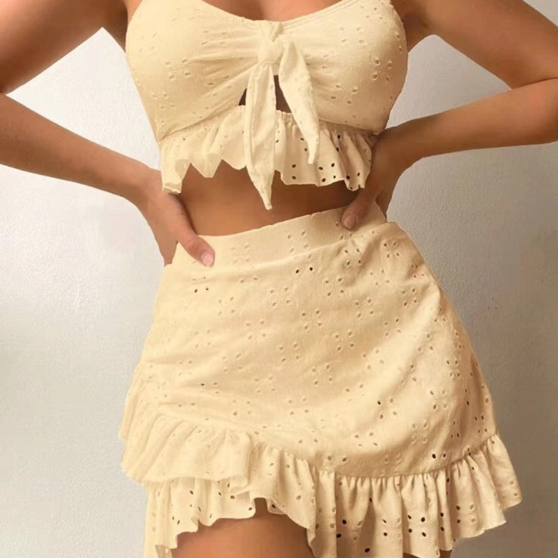 Broderie Anglaise Tie-Front Crop Top, Bikini Bottom & Ruffle Mini Skirt 3-Piece Beach Set - light yellow