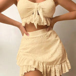 Broderie Anglaise Tie-Front Crop Top, Bikini Bottom & Ruffle Mini Skirt 3-Piece Beach Set - light yellow