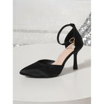 Black & Nude Satin Pointed-Toe Pearl-Charm Ankle-Strap Stiletto Heels - black