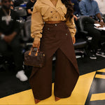 Retro High-waisted Cross-over Metal Buckle Irregular Wide-leg Pants - cofee