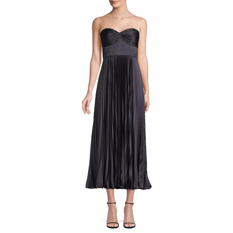 Satin mini dress, pleated dress, women's fashion, casual style, sleeveless dress
