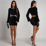 Velvet Beaded Waist-Accent Mini Dress - black