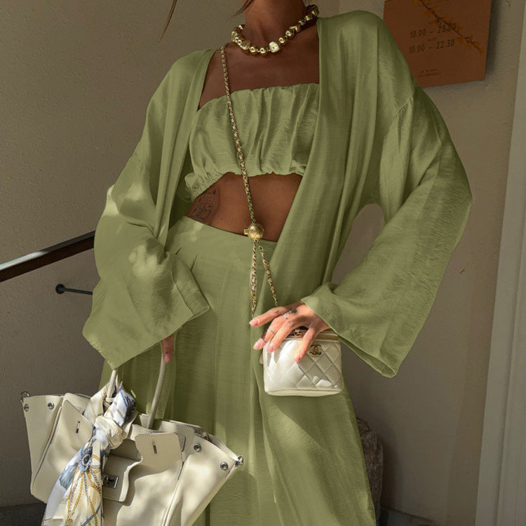 Sage Green 3-Piece Crop Top, Kimono Cardigan & Wide Leg Pants