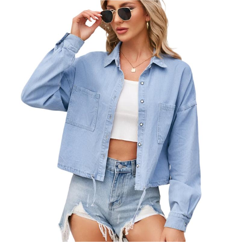 Button up long sleeve denim jacket - runwayfashionista.com