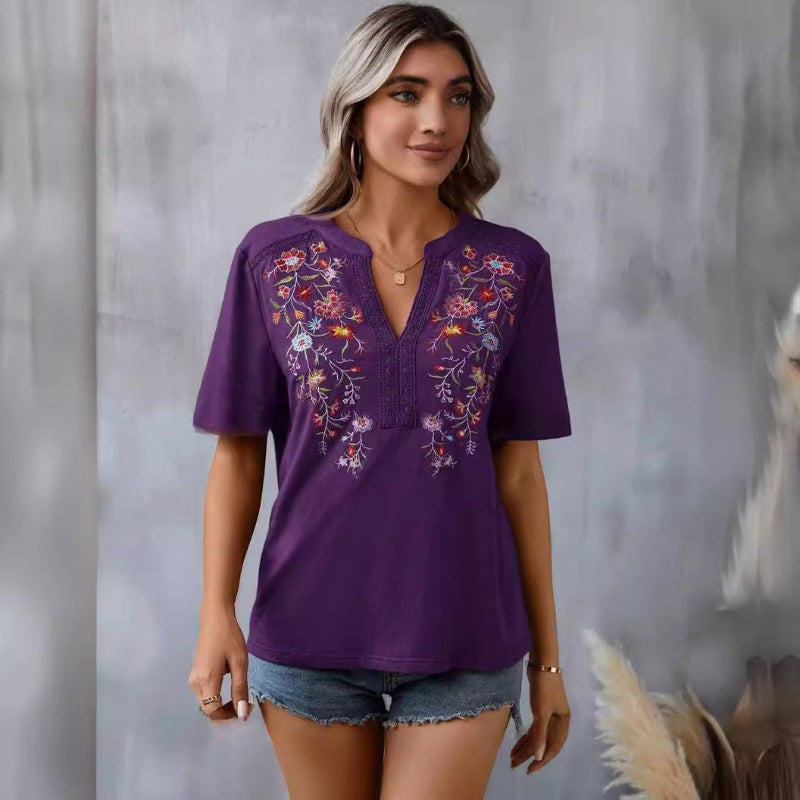 Fashion Flowers Embroidery Short Sleeve T-shirt - purple