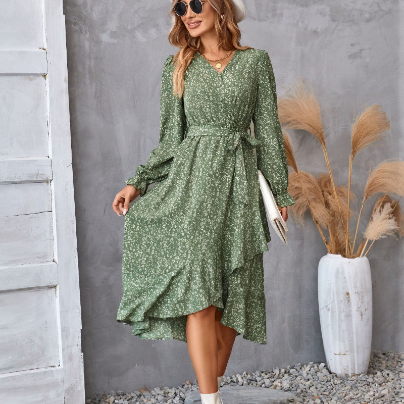 Floral Print Ruffle-Hem Belted Midi Dress - green