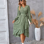 Floral Print Ruffle-Hem Belted Midi Dress - green