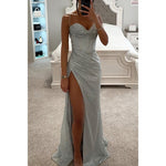 Split Suspender V-neck Maxi Dresses - silver