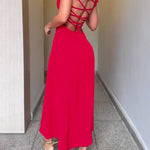 Red Slit Backless Strappy Maxi Dress