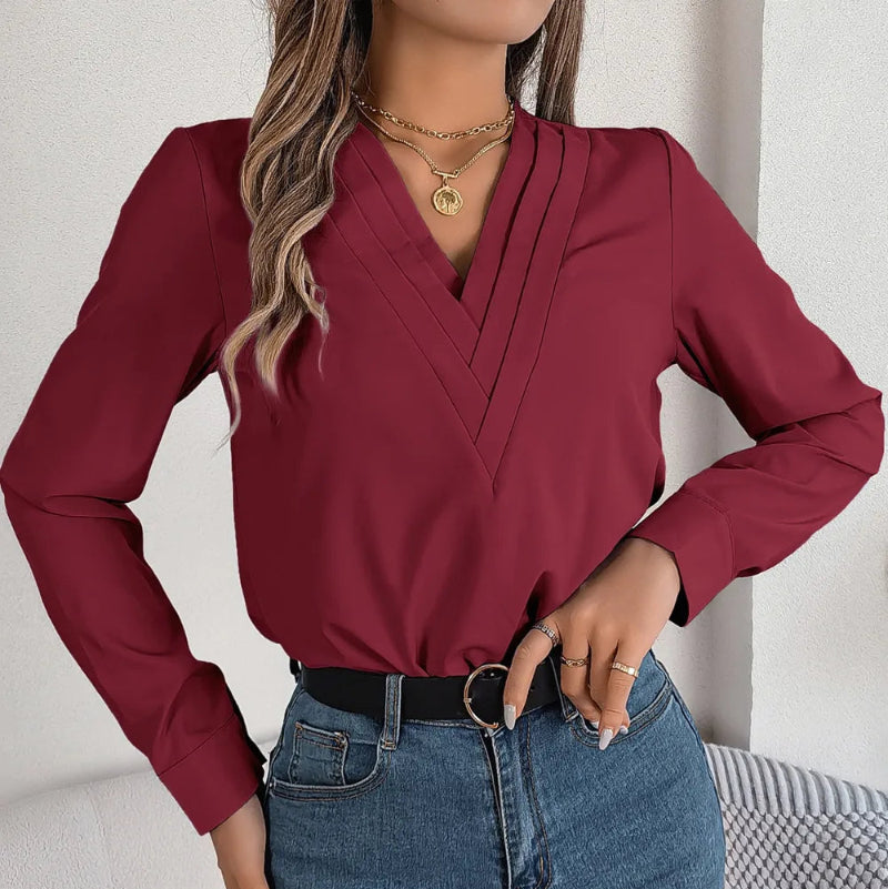 V-Neck Long Sleeve Blouse - runwayfashionista.com