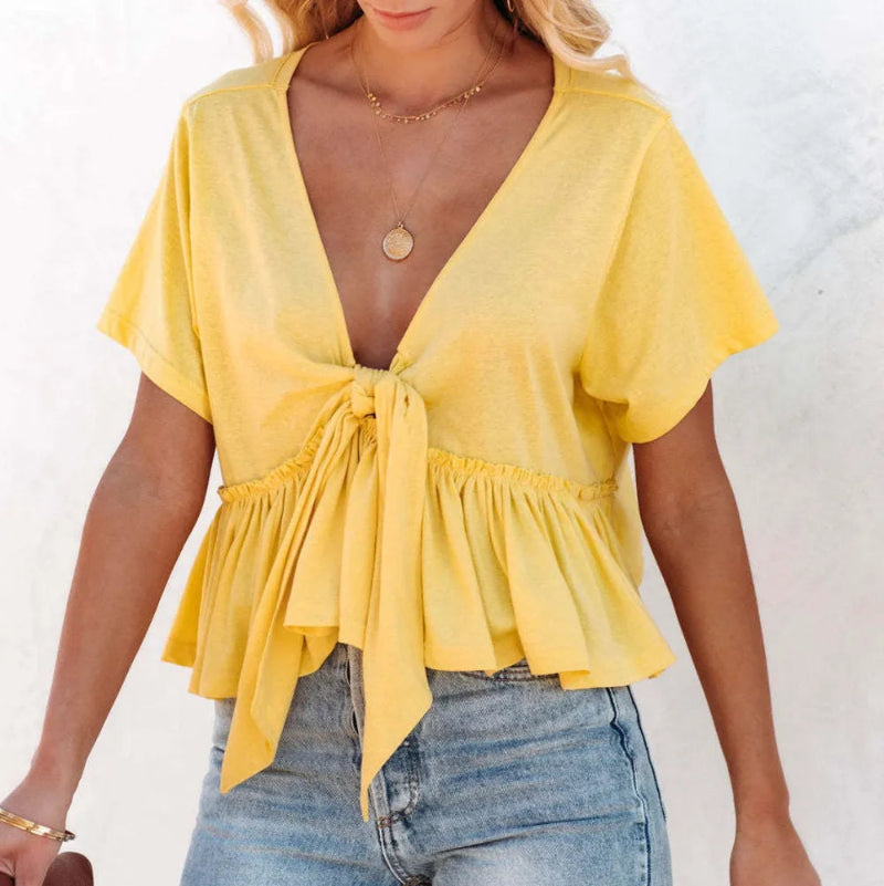 Tied Plunge Short Sleeve Blouse - runwayfashionista.com
