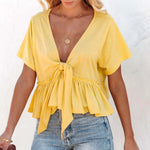 Tied Plunge Short Sleeve Blouse - runwayfashionista.com