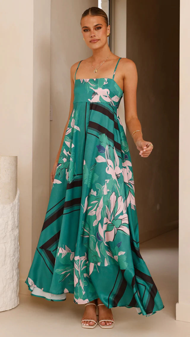 A collection of large swing suspender midi dresses in various prints and colors, including purple stripes, brown stripes, red floral, and different floral patterns.