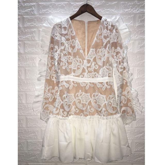 V-neck Ruffle Lace Mini Dress