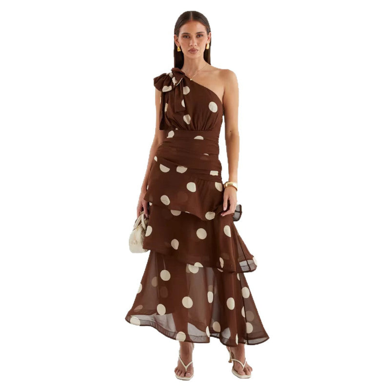 One-Shoulder Lace-Up Backless Large Polka-Dot Four-Tier Ruffle Chiffon Midi Dress — Brown