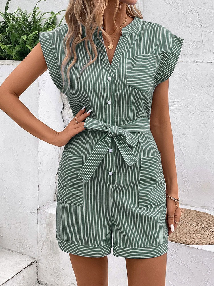 Slim Striped Short Sleeved Jumpsuit