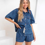 This denim suit features a stretchy elastic waist for bold style and comfortable wear.