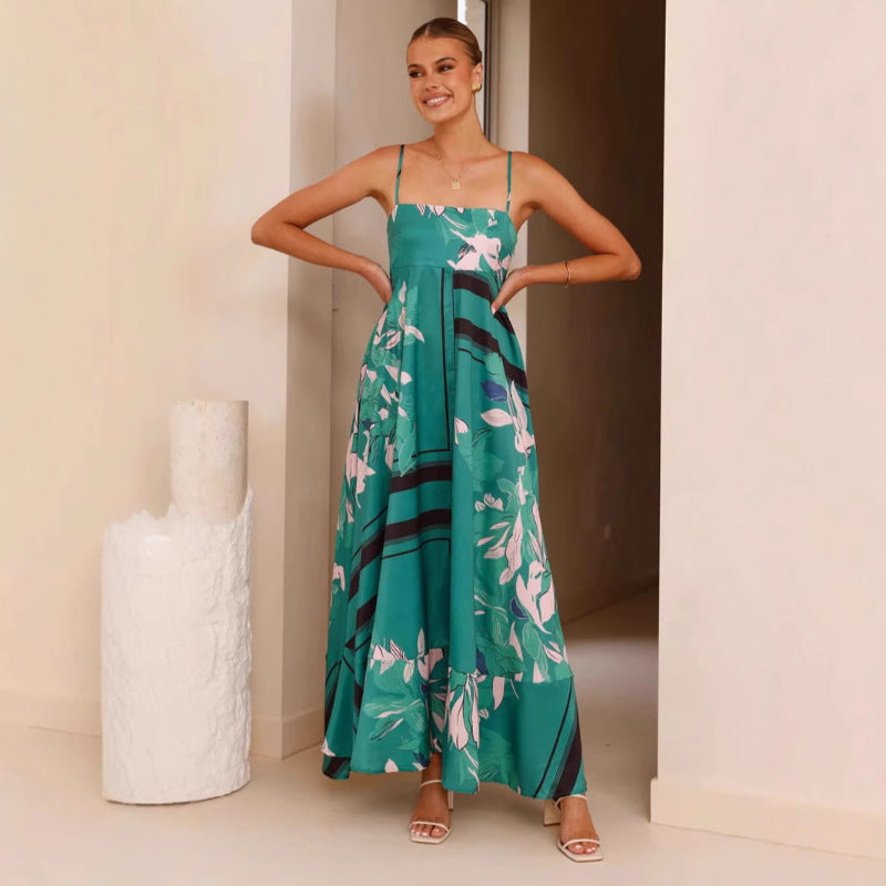 A collection of large swing suspender midi dresses in various prints and colors, including purple stripes, brown stripes, red floral, and different floral patterns.