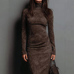 Turtleneck Long-sleeved Midi Dress - coffee