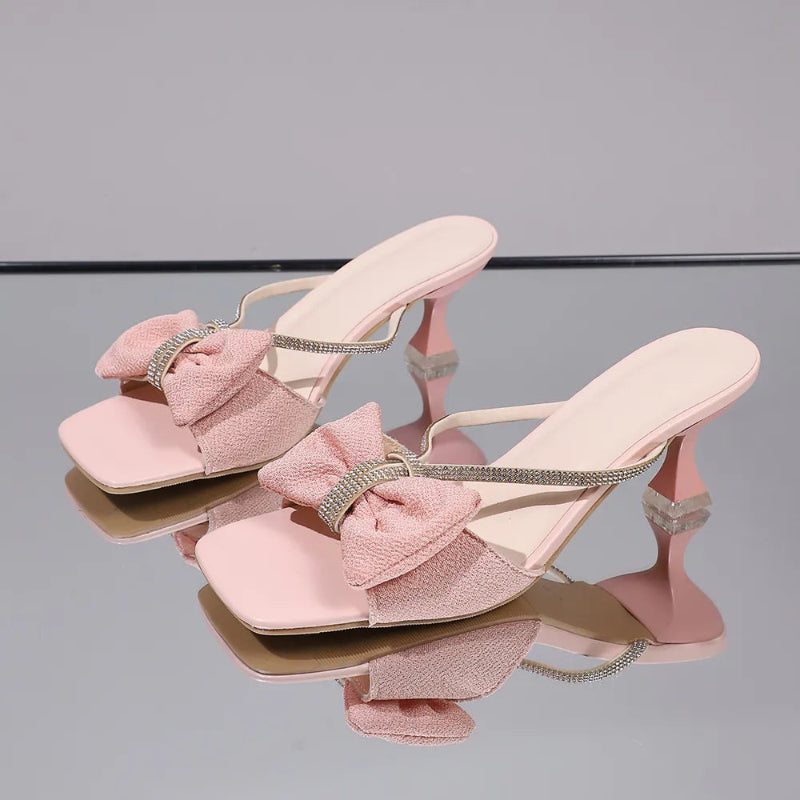 Bow Rhinestone Open-Toe Sandals - runwayfashionista.com