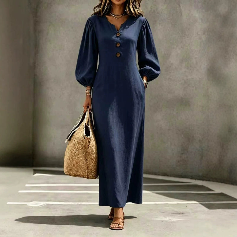 V-Neck Puff-Sleeve Button-Chest Maxi Dress - dark blue