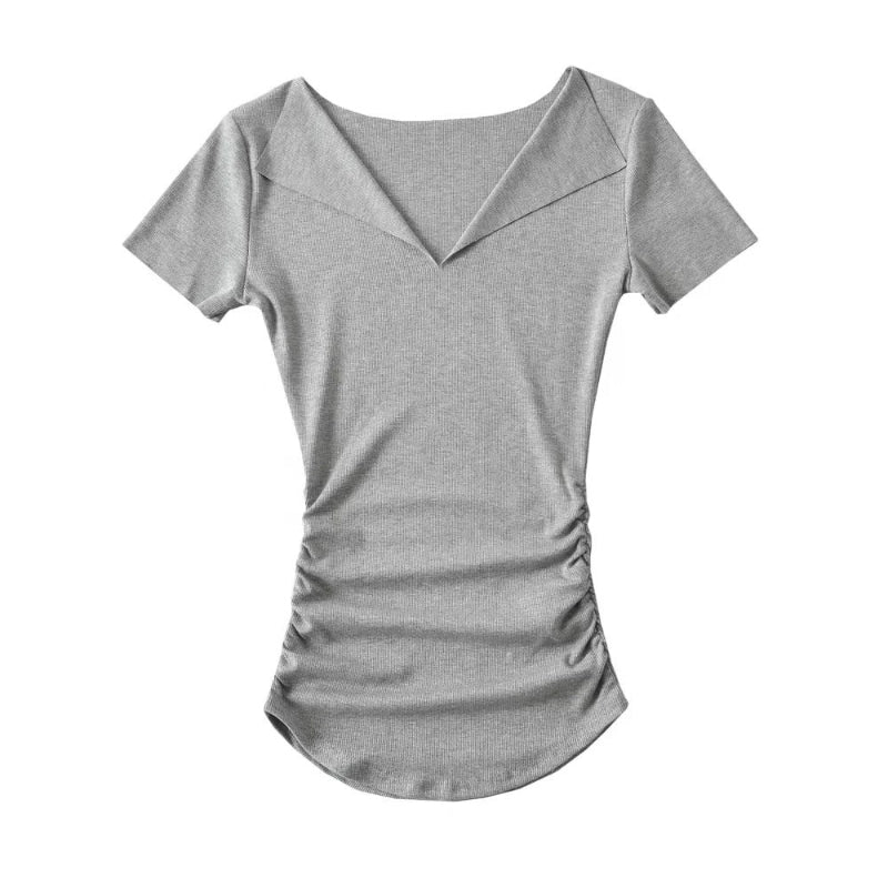 Half open solid color threaded short sleeved shirt