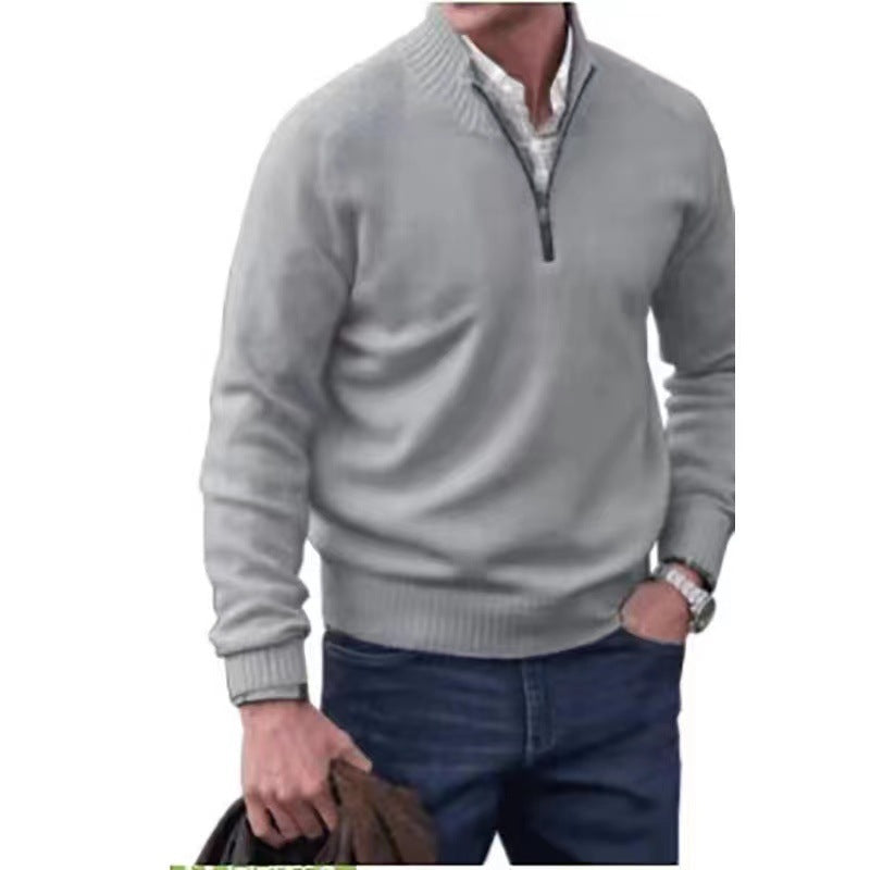 Zipper Stand Collar Knitted Sweater - grey
