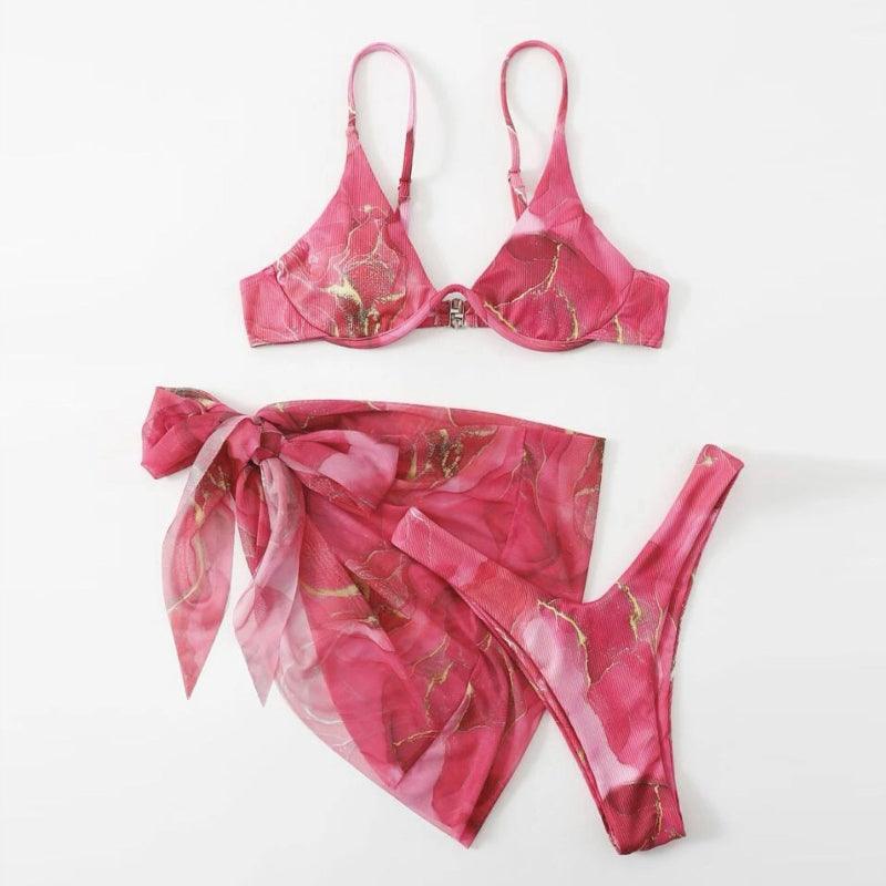 Marble patterned three piece bikini set